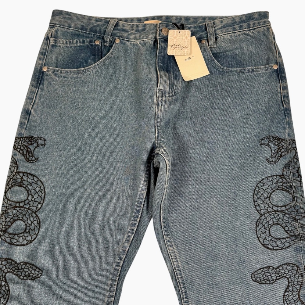 Milk It Flare Jeans Women 32 Blue Snake Print Denim Free People New